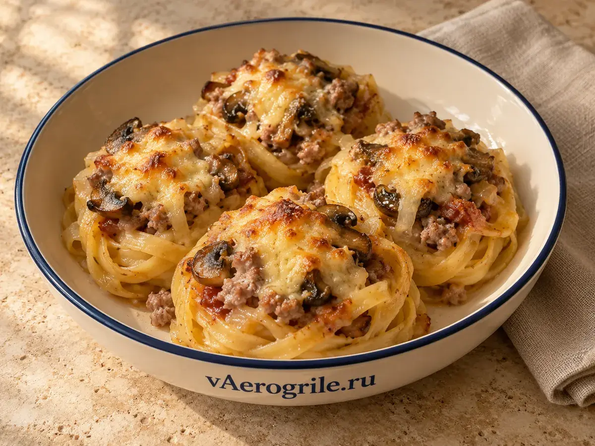 Гнезда с сыром, грибами и фаршем