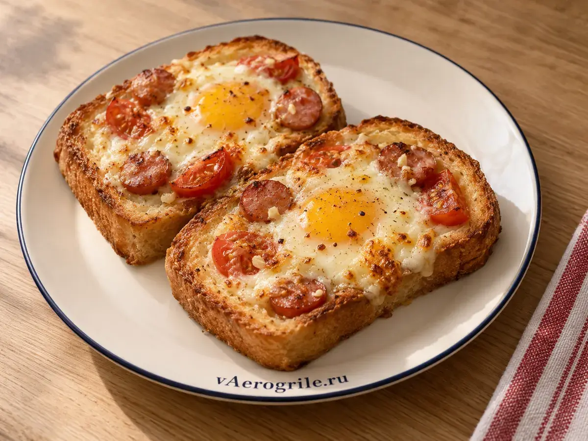 Гренки с яйцом, беконом и моцареллой