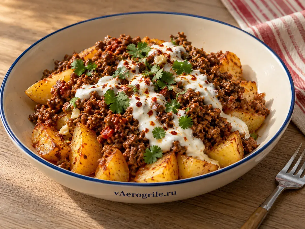 Картошка с говяжьим фаршем и йогуртовым соусом
