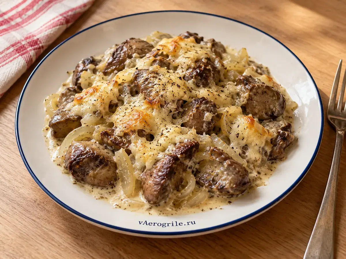 Печень в сметане с сыром из куриной печени