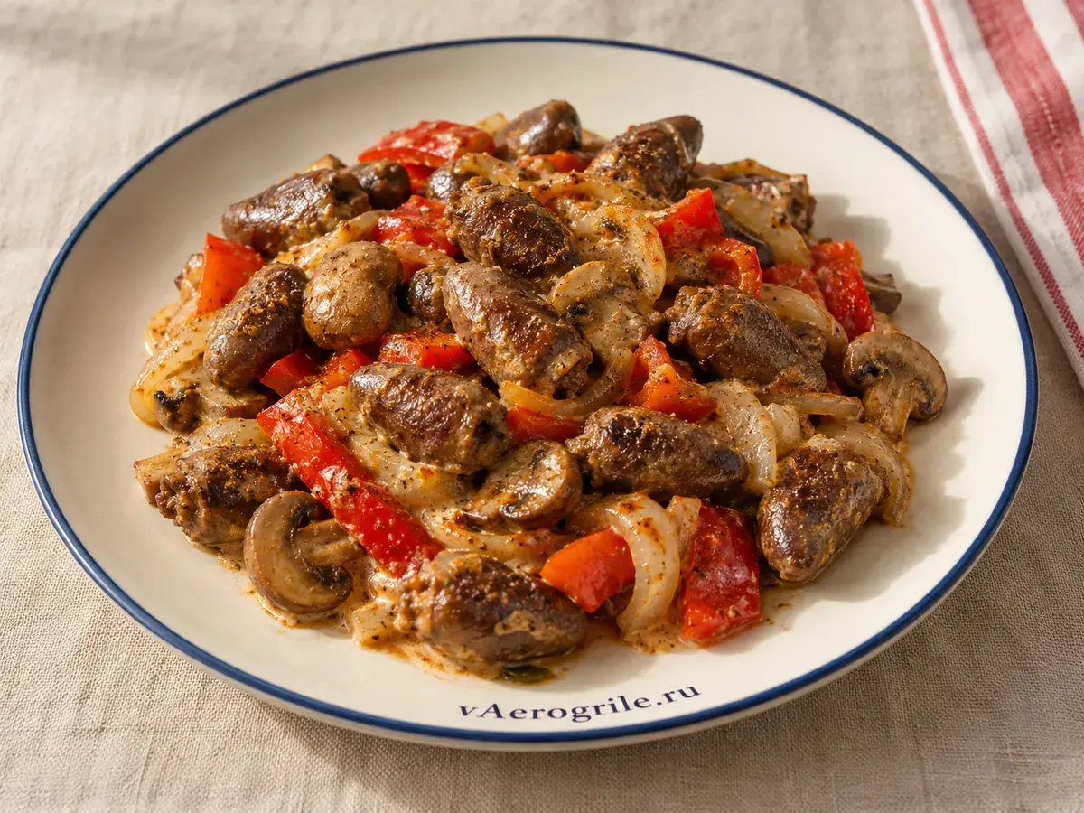 Куриные сердечки с овощами и грибами