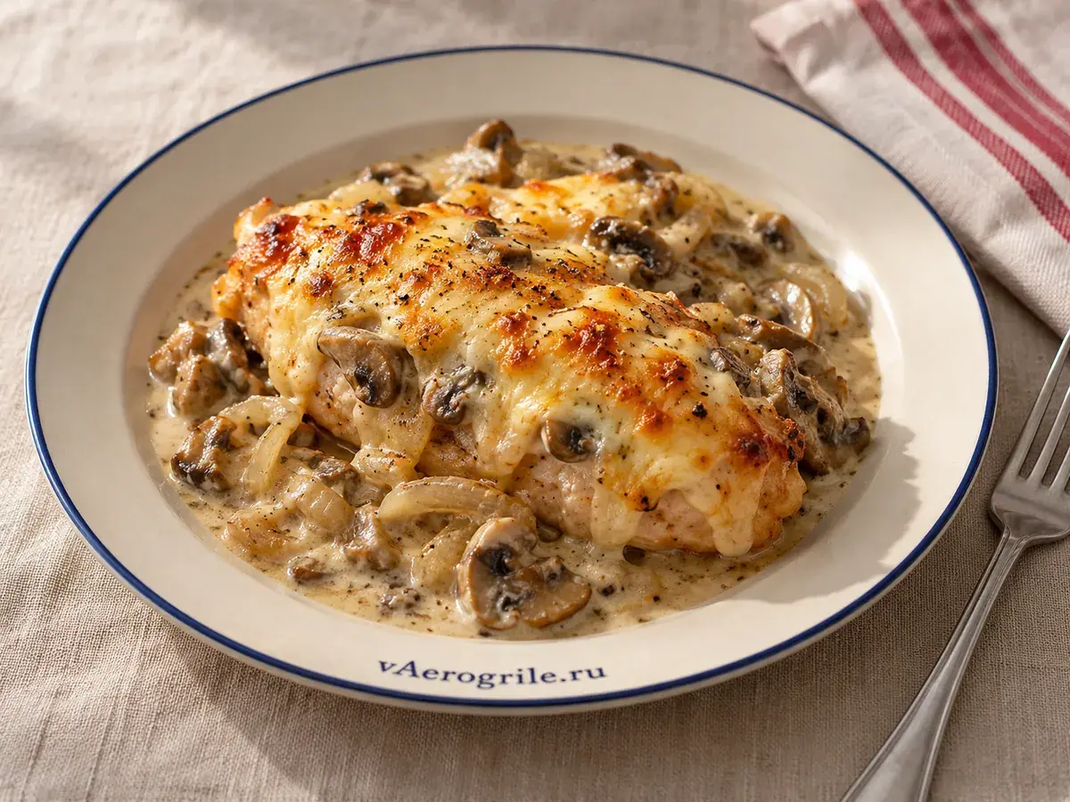 Курица с корочкой из сыра, грибами и сливками