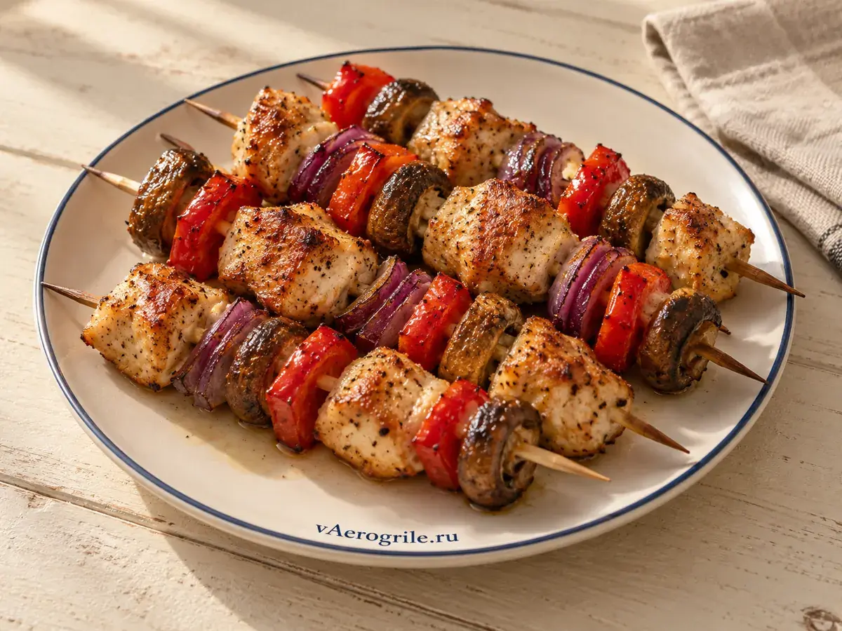 Куриные шашлычки с овощами и грибами