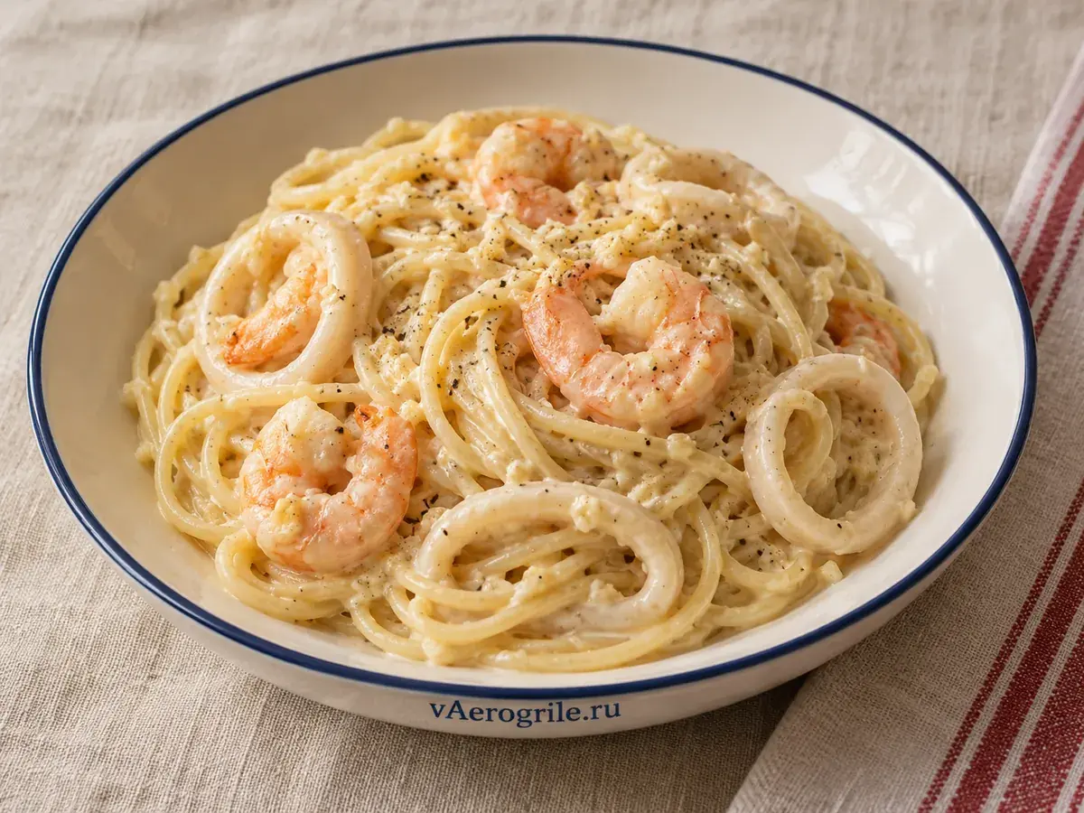 Сливочная паста с кальмаром и креветками