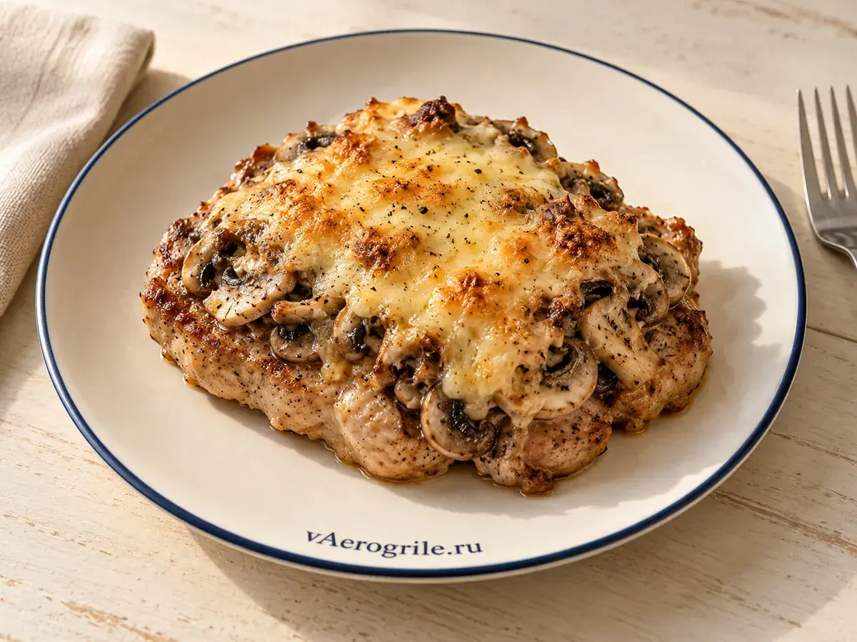 Свинина с грибами под сыром и йогуртом