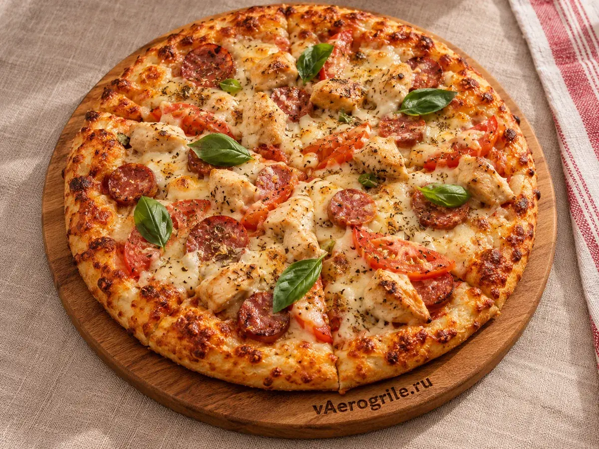 Сытная пицца с курицей и колбасой