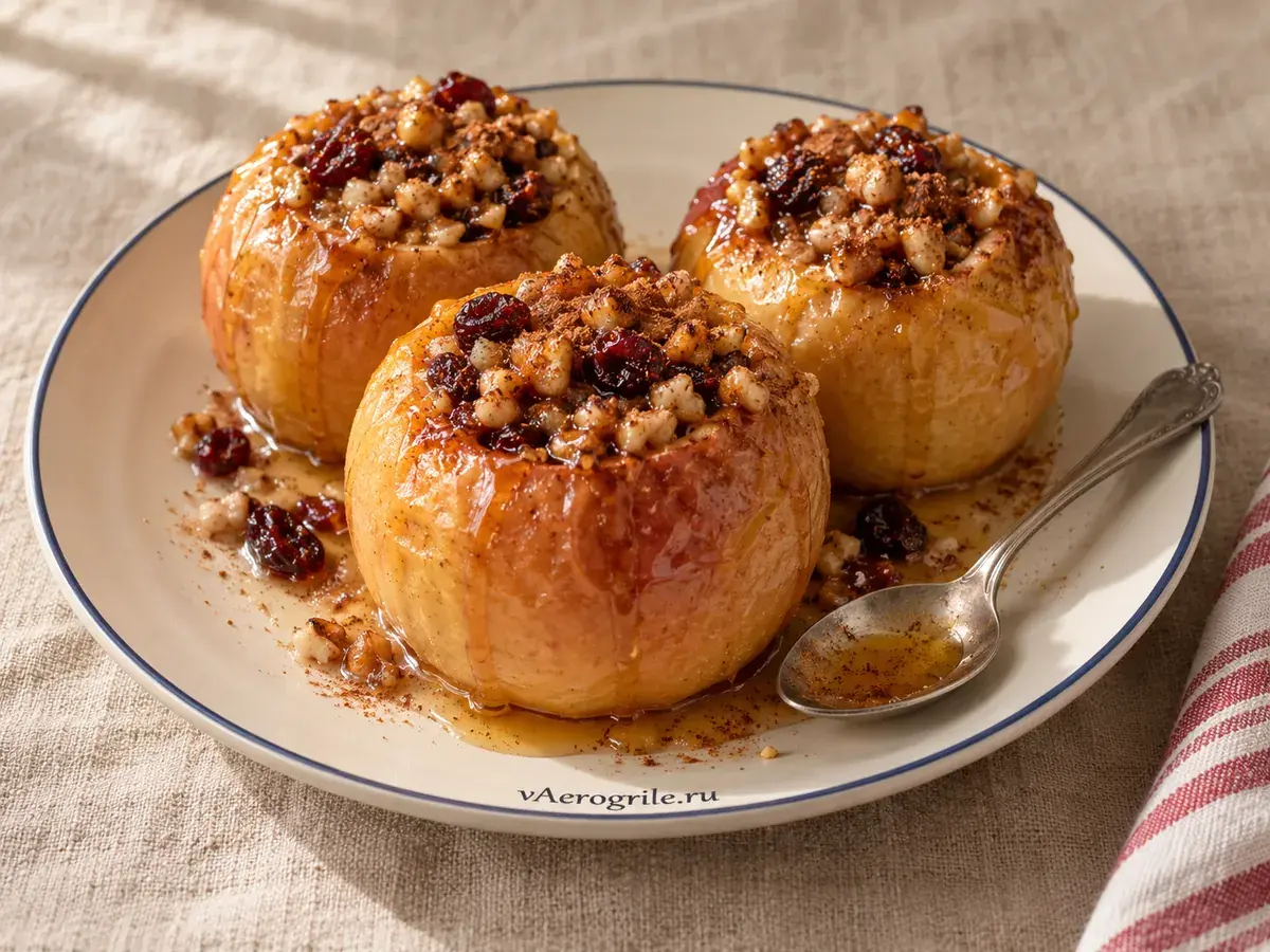 Печеные яблоки с изюмом и корицей, орехами и медом