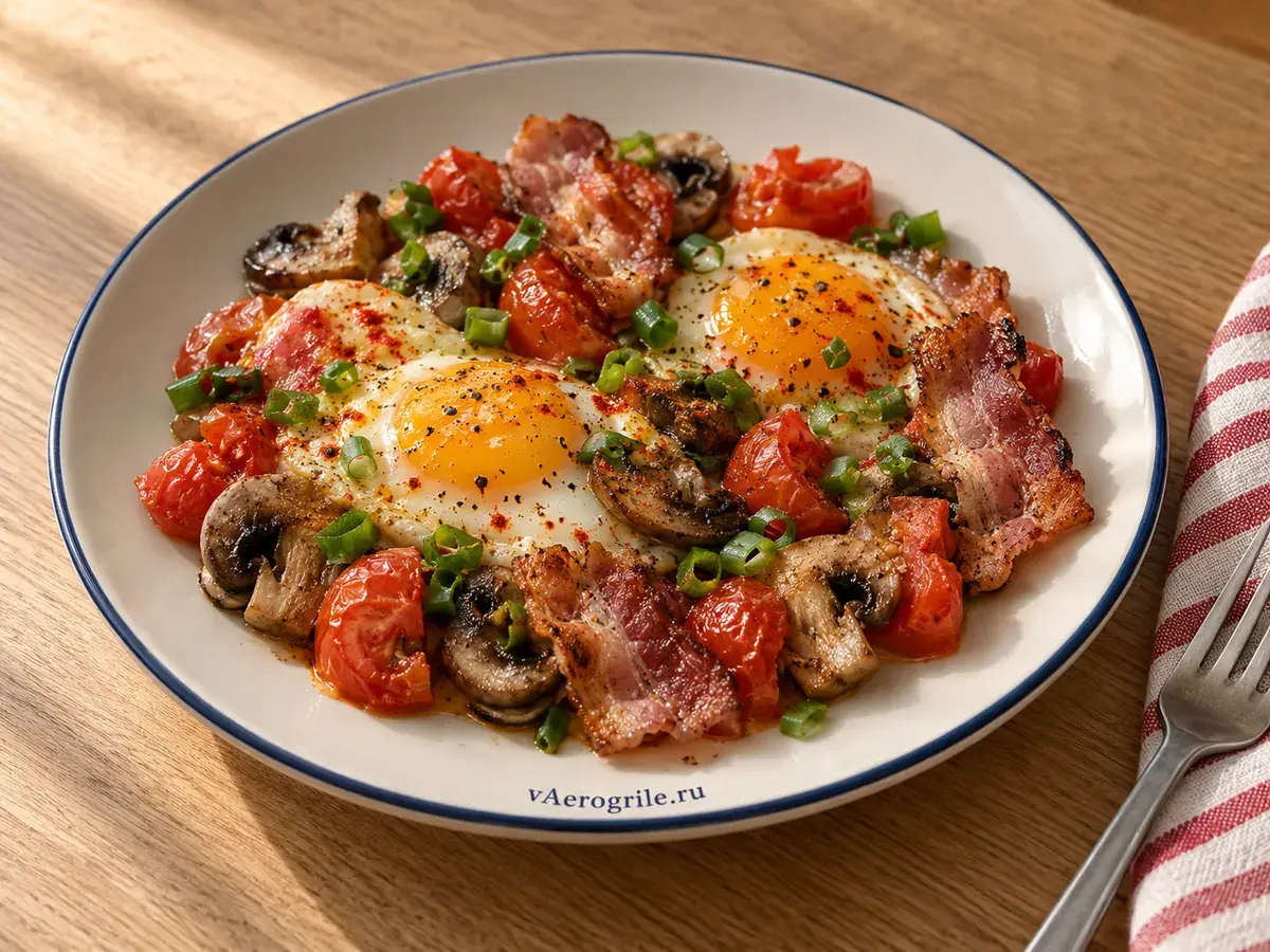 Яичница с беконом и овощами