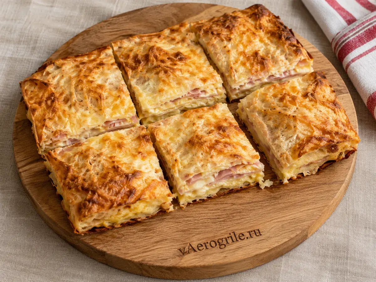 Лаваш с ветчиной и сыром: слоёная закуска с яичной заливкой