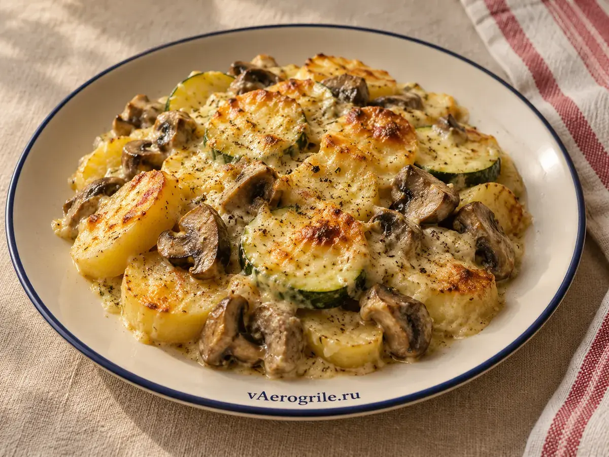 Запечённые овощи в сырно-грибном соусе